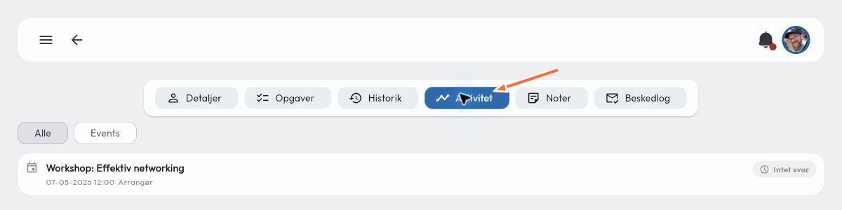 Gæstens aktivitetsoversigt med en tidligere workshop og svarstatus