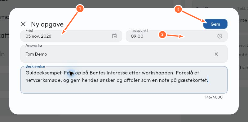 En opfølgning på gæsten Bente med nummererede pile mod frist, tidspunkt og Gem