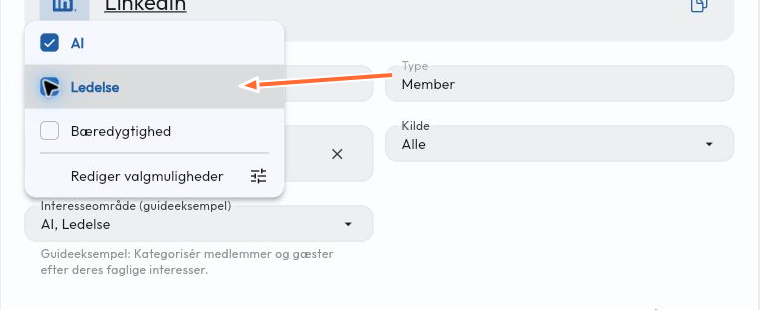 Interessefeltet på et medlem med både AI og Ledelse valgt