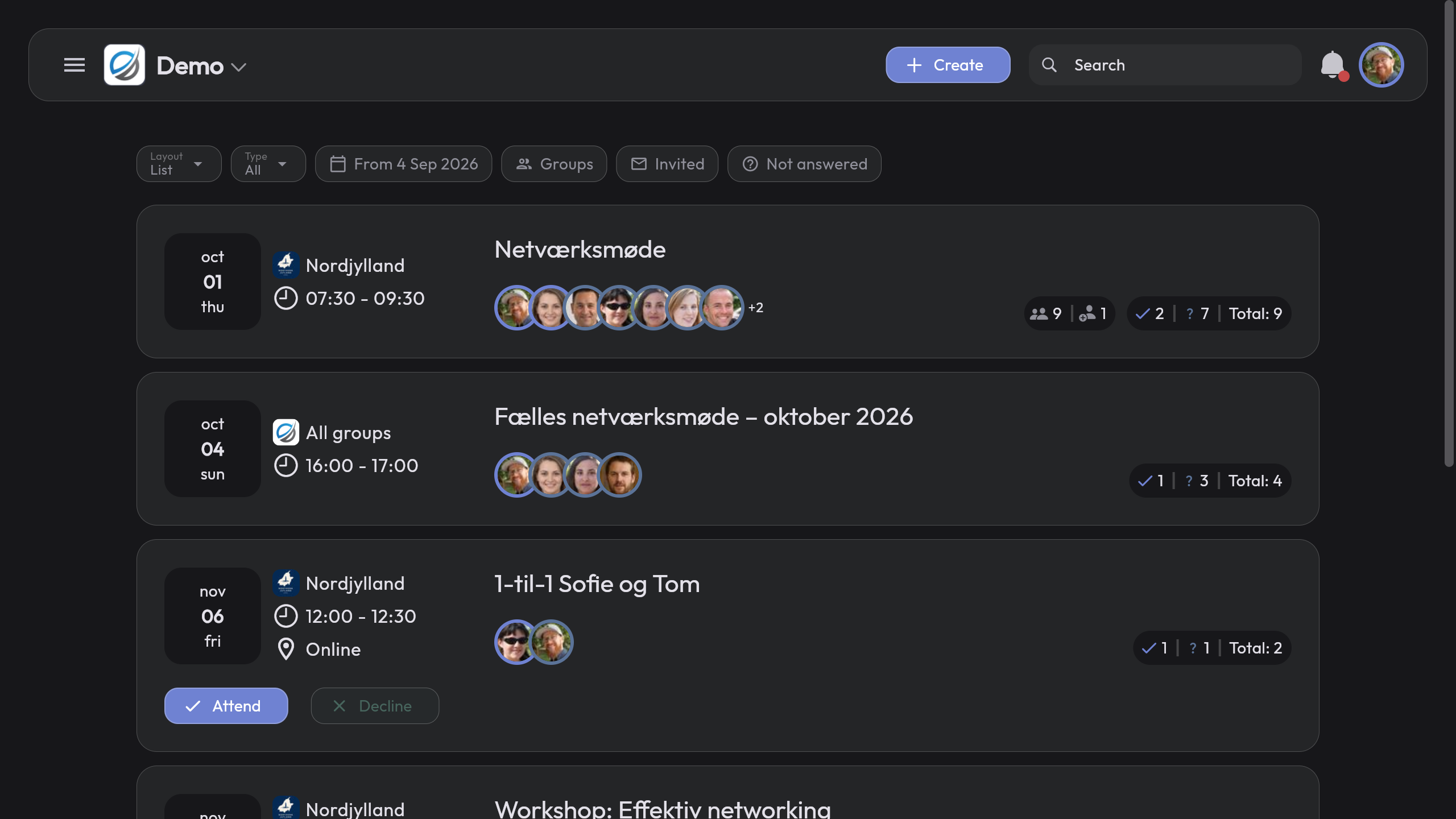 The event overview with the Create button at the top