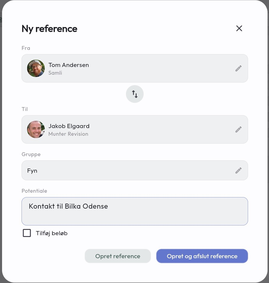 Dialogen Ny reference med giver, modtager, gruppe og potentiale